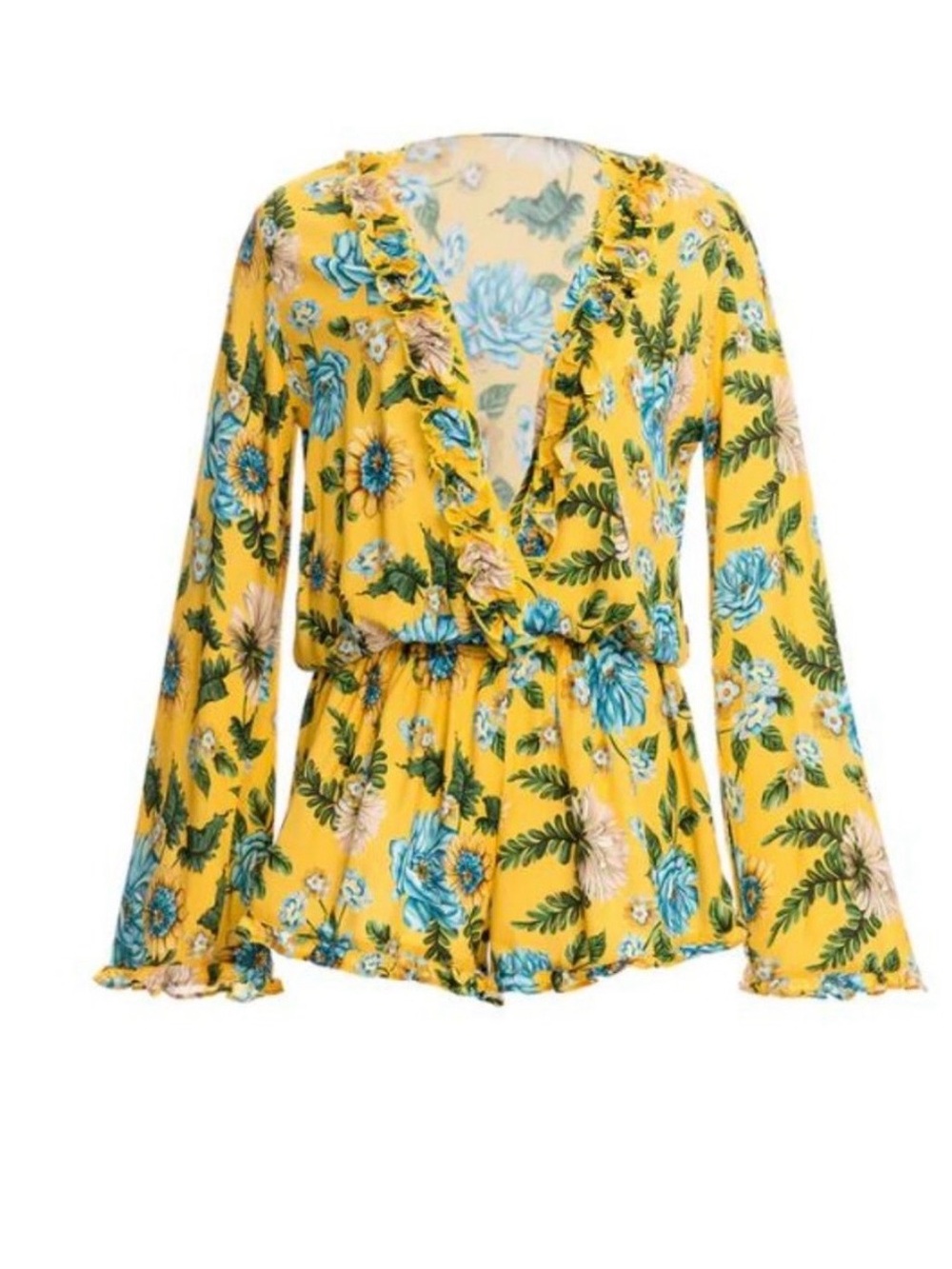 Agua Bendita Yellow Floral Boho Romper Size M Cottagecore Bell Sleeve Resort
